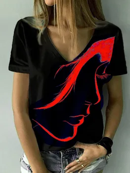 Moda de vara 2022, portret abstract print T-shirt, femei basic V-neck T-shirt, tricou negru/imprimare 3D plus dimensiune