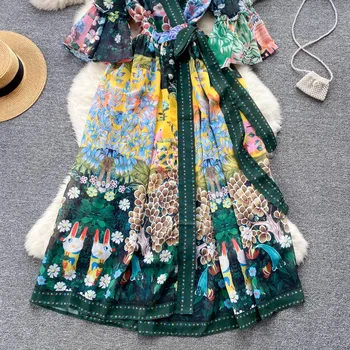 Sifon Elegant Floral Lace Up Rochie De Vara Femei Musulmane Kimono 2022 Doamnelor V-Neck Moda Boemia Vestidos Femme Halat