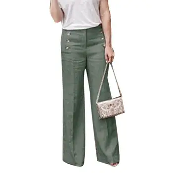 60%FIERBINTE Solid de Culoare Butoane de Înaltă Talie Pantaloni Largi Picior Femei Lenjerie de pat din Bumbac Pantaloni Lungi