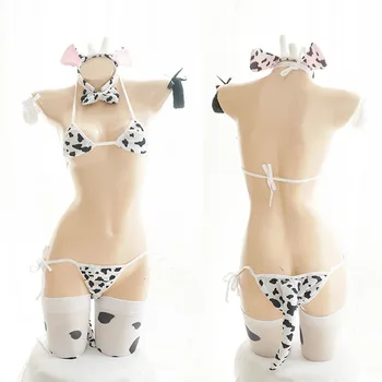 Femei Sexy Vaca Cosplay Costum în Trei puncte Bikini Set costum de Baie Fete Anime Costume de baie Îmbrăcăminte Lolita Sutien si Chilot Set de cămașă de noapte