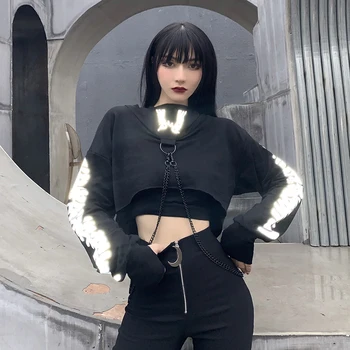 InsDoit Gotic Toamna Femei Hanorace Negre Harajuku Reflectorizante De Imprimare Maneca Lunga, Hanorace Punk Streetwear Lanț De Metal Culturilor Topuri