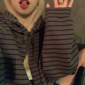 Toamna Primavara Cu Maneci Lungi Tricou Supradimensionat Harajuku Vintage Cu Dungi Zip Până Hoodies Femei Coreene Grunge Emo Alt Streetwear