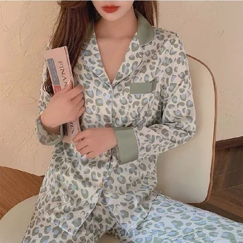 2021 Nouă de Mătase pentru Femei Pijama cu mâneci Lungi Două piese Multicolore Vrac Leopard de Imprimare pentru Femei Pijamale Serviciu Acasă