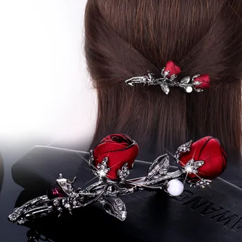 H:HYED Femei de Moda Simplu de Crescut Flori Tesatura Flori de Trandafir de Cristal Stras Hairpin Fete Elegante Ac de păr Accesorii de Par