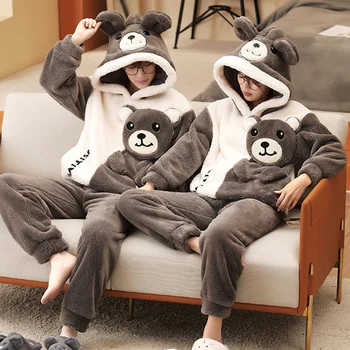 2 BUC Cuplu Set de Pijama Femei Bărbați de Iarnă Pluș Moale Îngroșa Pijamale Pijamale Ursul Desene animate Drăguț coreeană Iubitorii de Homewear Pijamale
