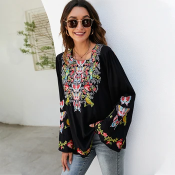 KHALEE YOSE Boho Broderie Bluze Bluza de Primavara Toamna Femei Mexicane Cămașă Vintage Maneca Lunga 23xl Negru Casual Etnice Sus