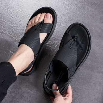 Yomior Nou De Înaltă Calitate Negru Vara Sandale Barbati Casual Moale Din Piele Adevărată Călătorie Plaja Flip-Flops, Papuci De Casă Vietnam Sandale