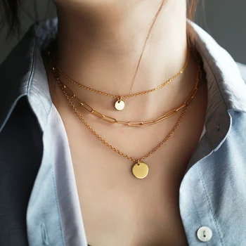 Culoare de aur din Oțel Inoxidabil cu mai Multe Straturi de Cravată Colier pentru Femei Fete Coin Charm Pandantiv Corneliu Cutie de Link-ul Lanț DN202A