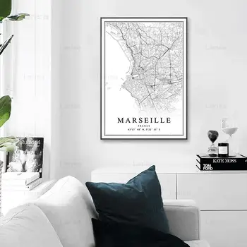 Franța Hartă a Orașului Poster Paris, Lyon, Marsilia, Montpellier Panza Pictura Alb-Negru Imagine de Interior Acasă de Arta de Perete Decor