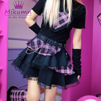 Harajuku Girls Negru Roz Dantela Lanț de Metal Rock Punk Fuste Femei Gothic Lolita Talie Mare Tort Fuste Mini Y2K Streetwear