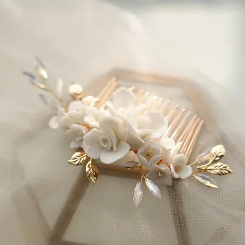 SLBRIDAL de Aur de Cristal Stras Perle Ceramice Floare Pieptene de Par Mireasa Nunta Accesorii de Par domnisoarele de Onoare Femei Bijuterii