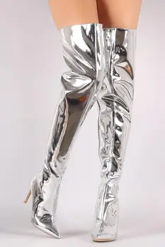 Sapato feminino pantofi-femeie coapsei mare de brevete din piele peste genunchi, cizme cu toc de aur oglindă de argint motocicleta botines