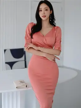 Rochie Midi Bodycon Noi De Vara Eleganta Femei Coreea Style Slim De Birou De Sex Feminin Doamna Haine Vestidos Rochie De Culoare Solidă