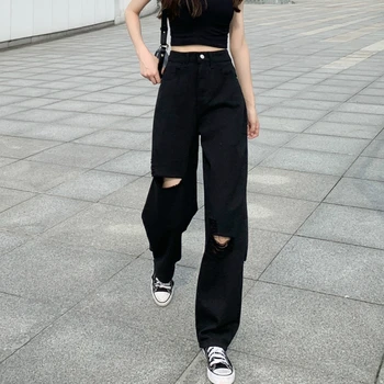 Blugi Găuri Negre Chic Supradimensionate S-5XL Supradimensionat Harajuku Pantaloni Casual Femei Picior de Hip-hop Colector Vintage de Vara High Street