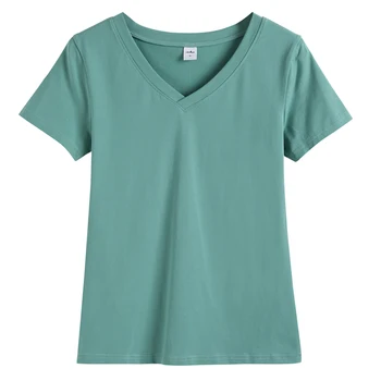 Casual 95% Cotton v-neck T Camasa Maneca Scurta pentru Femei de Vară de Bază tricou Plus Dimensiune 3XL Culoare solidă tricou marime mare Tee de sex Feminin