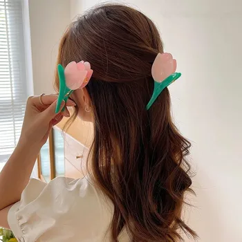 AOMU 2021 Noua Moda coreeană Vintage Roz Verde Flori Acrilice Gheare de Păr Drăguț Romantice Tulip Mare Ac de păr pentru Femei Accesorii