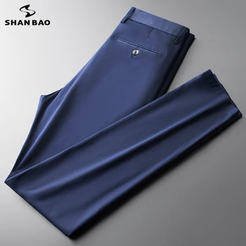 SHAN BAO Vara Marca Fibre de Bambus Subțire de Bumbac Stretch Bărbați se Potrivesc Pantaloni Drepte Business Casual cu Talie Înaltă Lightweight Pantaloni