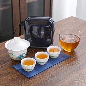 Ceainic Ceramic Gaiwan cu 3 Cani de Ceai Seturi de Birou Acasă de Călătorie Portabil Set de Ceai de Băut Ustensila