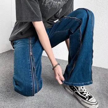 2022 Cool Design Frontal cu Fermoar Baggy Albastru Barbati Flare Jeans Pantaloni Y2K Haine coreeană Casual Hip Hop Denim Pantaloni Pantalon Homme