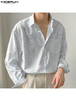 INCERUN Barbati Casual Tricou de Imprimare Rever Maneca Lunga Butonul de Streetwear 2022 Buzunare de Agrement Bărbați Îmbrăcăminte de Moda coreeană Tricouri