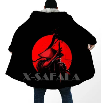 Gros Cald Mantie cu Glugă pentru Femei Barbati Samurai Masca Tatuaj Ninja Palton Haina de Vânt Fleece Cape Haina cu Glugă Pătură-5