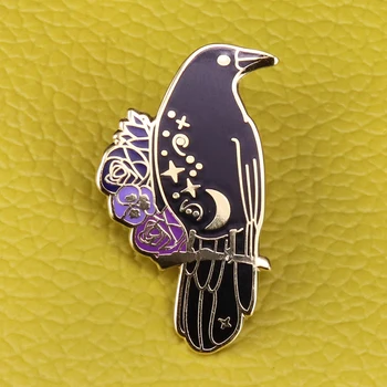 Cioara email pin pasăre brosa floare de groază raven insigna Goth vrăjitorie pini negru animal arta bijuterii cadou magic