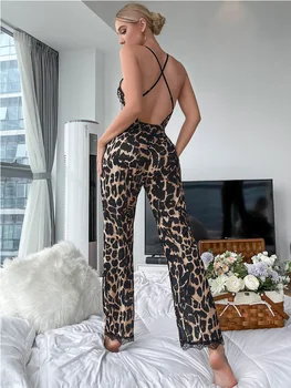 Sleepwear Sexy Costume Elegante Leopard Print Costum Crisscross Romper Plasă Lounge Purta Dantelă Asieta Salopeta