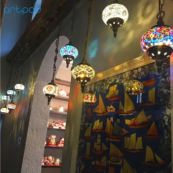 Colorate Pandantiv Lampă cu Abajur din Sticlă lucrată Manual de Sud-est Antic turc Lampă de Agățat E14 Bec pentru Bar Asile Camera de zi