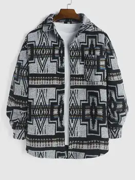 ZAFUL Bărbați Jachete de Lână Amestec Aztec Print Haine de Epocă Sacou Tricou cu Buzunar Streetwear Shacket Toamna Iarna Cald Pardesie