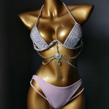 NOUL Set de Bikini Femei Bling Diamante Carnaval Sutien Crop Top Cristal Chilotei Rave Festival Bikini Set Burning Man Tinuta de Club