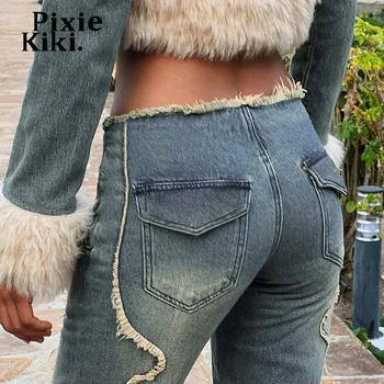 PixieKiki Y2k Broderie Low Rise Flare Jeans Femeie Streetwear 2000 Hippy, Vintage, Pantaloni Femei Pantaloni din Denim P84-FF69