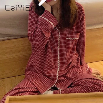 CAIYIER Toamna Iarna coreean Grila Fete Dulci Sleepwear Cardigan cu Maneca Lunga, Pantaloni, îmbrăcăminte de noapte Pentru Femei de Agrement Pijama Mujer