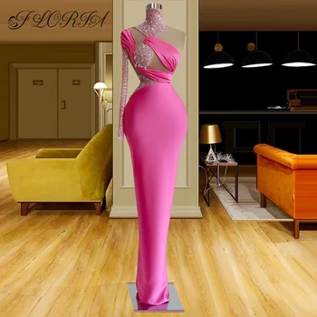 Eleganta Roz pe Un Umăr Rochii de Seara 2022 Pur Gât cu Margele Etaj Lungime Formale Rochie de Petrecere Pentru Nunta vestidos de fiesta