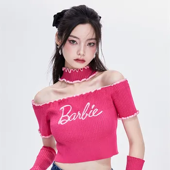 Barbie Pulover Pe Umăr tricou Tricot cu Volane Mâneci Topuri Dulce Print Sexy cu Maneci Scurte T-shirt Tricotaje Fete Cadou
