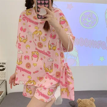 Kawaii Pijama Femei Set De Pijama De Vara 2 Piese Homewear Anime Pijama Harajuku Cămașă De Noapte Cu Sac De Depozitare Cadou Roomwear Se Potriveste