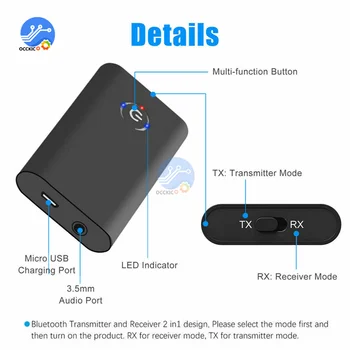 2 in 1 Wireless Bluetooth 5.0 Transmițător Receptor Chargable pentru TV, PC, Boxe Auto de 3.5 mm AUX de Muzică Hifi Audio Adapter