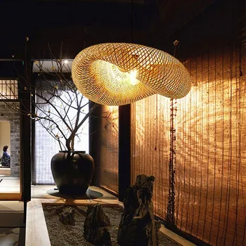 Pandantiv cu Led-uri Lampă de Plafon Candelabru de Bambus Țesut Lumini pentru Camera de zi Mese Manual de Artă Modernă Rattan Abajur Restaurant