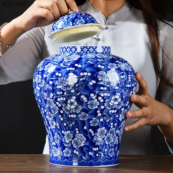 Clasic Albastru Plum Blossom Ceramice De Stocare Borcan Vaza De Flori Aranjament De Uz Casnic Sigilat Depozitare Borcan Bomboane Ceai Caddy Decor Acasă