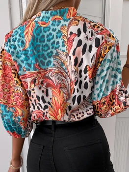 Femei Cămașă de Moda Lady Trei QuartersSleeve Bluza V-neck Butonul Design Leopard de Imprimare Tricouri Casual