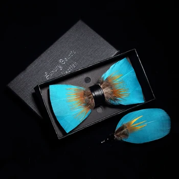 JEMYGINS original culoare solidă feather bow tie brosa Barbat set Cadou de Nunta de Moda din Piele lucrate Manual papioane Pin Cutie Cadou Set