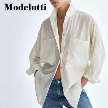 Modelutti 2022 Nouă Primăvară De Moda Toamna Cu Maneci Lungi Texturate Buzunar Tricou Femei Solide Simplu Pierde Bluza Casual De Top De Sex Feminin