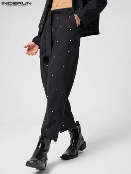 INCERUN Stil American New Barbati Pearl Polka Dot Decor Pantaloni Lungi Casual Streetwear Mascul Talie Mare Strappy Pantaloni S-5XL