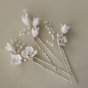 SLBRIDAL Manual Ins Stil Ceramică Floare Perle Par Mireasa Pin Set de Nunta Autocolant de Păr Accesorii de Par pentru Femei Bijuterii de Păr