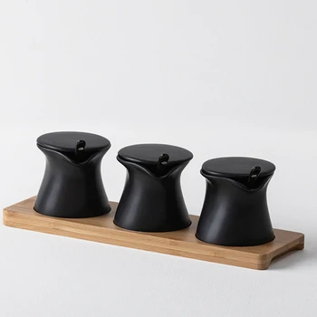 Ceramica Neagră Condimente Ghiveci cu Tava Creative Zahăr Sare Chili Oală Acasă Ceramice Otet Ulei de Sticla cu Capac Accesorii de Bucatarie