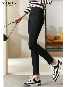 Vimly Negru Talie Inalta Blugi Stretch Butonul De Bumbac Femei De Primavara Toamna Anului 2022 Nou Design Elegant, Slim Picioare Pantaloni De Creion 70555