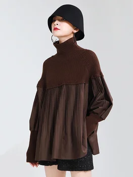 [MEM] Neagra Plisata Dimensiune Mare Tricotat Pulover Vrac se Potrivi cu Maneca Lunga pentru Femei de Moda Noua Valul de Toamna Iarna 2023 1DA681