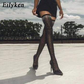 Eilyken 2023 Noua Moda Stras Toc pentru Femei Șosete Papuceii Întinde Pânză Sexy, Peste Genunchi Cizme Dimensiune 35-43