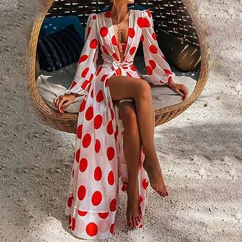 Polka-dot Floral-print Rochie Lungă Puff Mâneci Stil de sex Feminin Bandaj de Plajă Adânc-v Beachwear Maneca Lunga Acoperă-up-uri de Vara