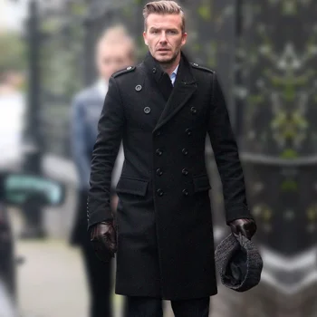 Bărbați sacou haina de lână Beckham același stil 2020 toamna și iarna mid-lungime slim negru de lână la două rânduri trenci ofițeresc