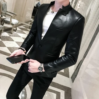 2022 Barbati Solid Negru Slim Sacou Costum de Înaltă Calitate din Piele PU Jacheta Casual Barbati de Afaceri Bal Sacou Bărbați Blazer coreeană